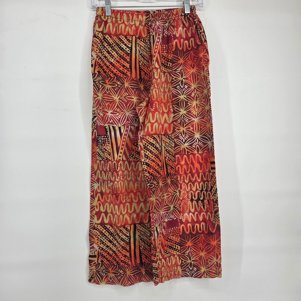 Vintage Chico's Linen Pants Size 1 Red Orange Abstract Boho Art Wide Leg